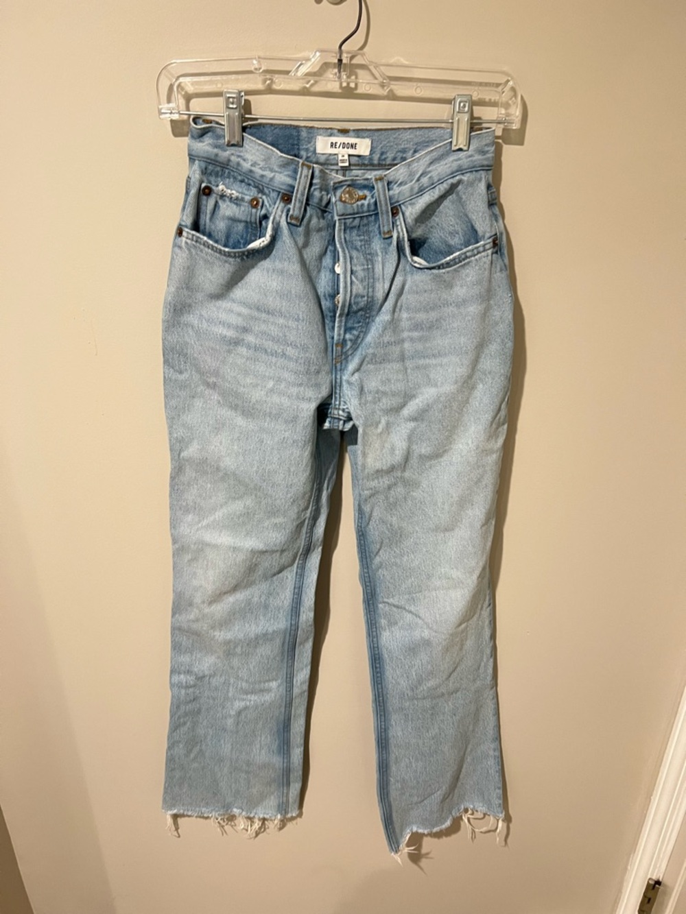 Re/Done Light Wash Straight Leg Button Fly Distressed Hem Denim Jeans